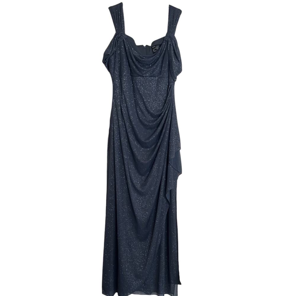 Alex Evenings Petite 14P Navy Sparkle Gown Draped Slit Dress